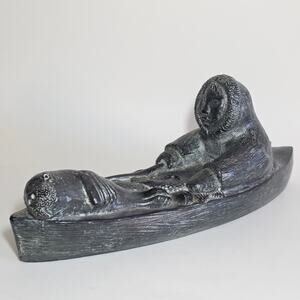 Inuit Hunter Kayak Sculpture Eskimo Fisherman Canoe Arctic Figurine